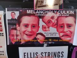 a collaged flyer for a show called Melancholy Culkin on 2/21 at III of Cups gallery
