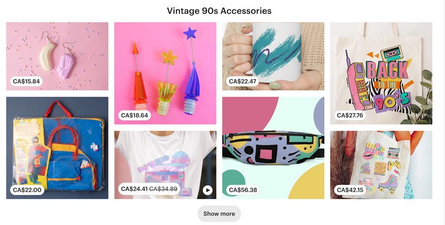 a screenshot showing several products for sale listed as 90s vintage accessories, including earrings, a backpack, a belt bag, and some tee shirts