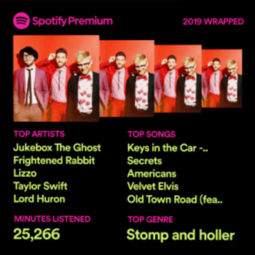 My Year in Spotify. 25,266 minutes of listening. Top artists: Jukebox the Ghost, Frightened Rabbit, Taylor Swift, and Lizzo. Notable in the top songs: Old Town Road.